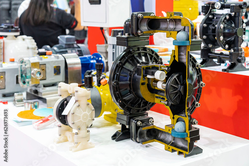 Cross section show detail inside air operated diaphragm pump or membrane pump for move gases liquid or gas liquid mixtures for industrial work on table