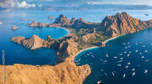 Aerial view of Padar Island in a morning from Komodo Island National Park, Labuan Bajo, Flores, Indonesia