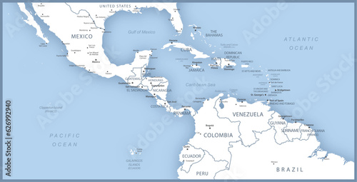 Map of Central America with names of countries, capitals and cities.