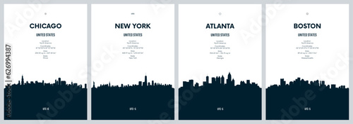 Travel vector set with city skylines New York, Chicago, Atlanta, Boston, Detailed city skylines minimalistic graphic artwork