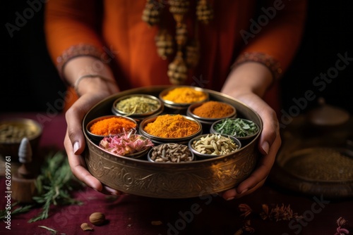 Hands holding a traditional Indian spice box (Masala Dabba) with curcuma as a centerpiece. Generative AI