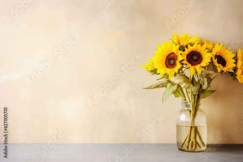 Elegant Simplicity: Sunflowers in Glass Vase Against Yellow Wall Mockup, Generative AI