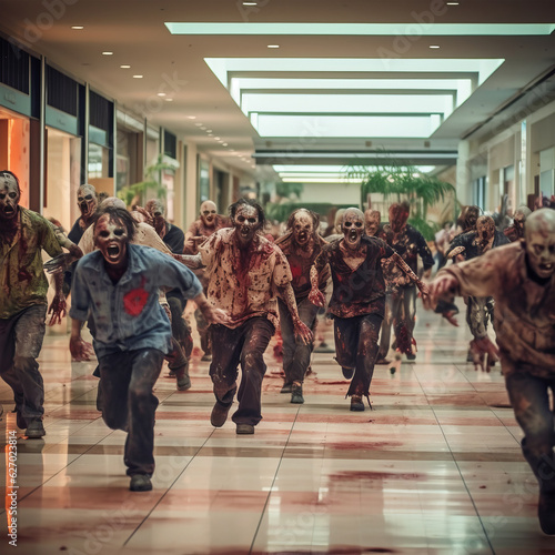 horde of angry zombies in a mall running towards the camera
