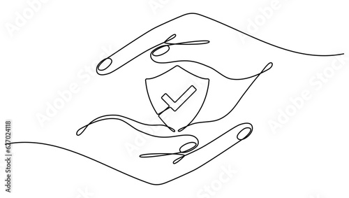 Hands hold shield badge with checkmark continuous one line art drawing. Approval check contour line sign. Vector illustration isolated on white.