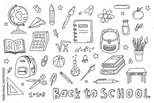 Hand drawn school supplies. Back to School concept. School object collection, doodle . Sketch icon set. Good for wrapping paper, stationery, scrapbooking, wallpaper, textile prints. Vector illustratio