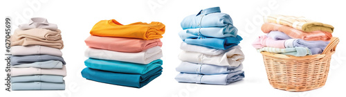 Stack of clean clothes and Wicker basket with clean laundry isolated on transparent background