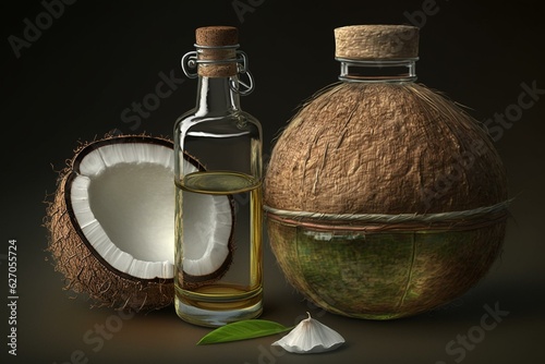 Coconut oil bottle & half coconut. Generative AI