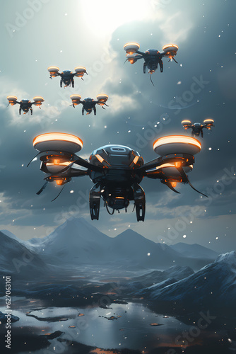 A group of autonomous drones patrolling the skies, equipped with sophisticated anti-virus sensors.