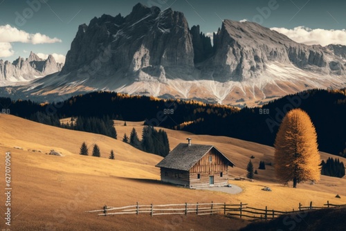 Autumn alpine landscape of alpe di siusi, seiser alm, and langkofel mountain ranges. Scenic hiking in the dolomites with wooden chalets. Generative AI