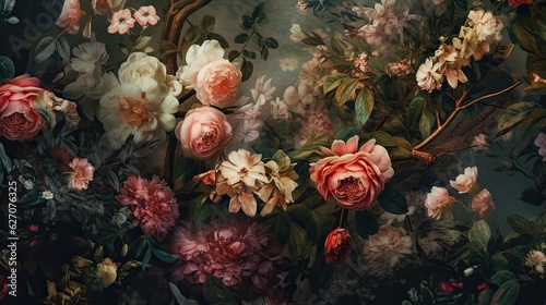 Wallpapers of a floral arrangement, in the style of dreamy surrealist compositions, vignetting, old masters, lush and detailed image.
