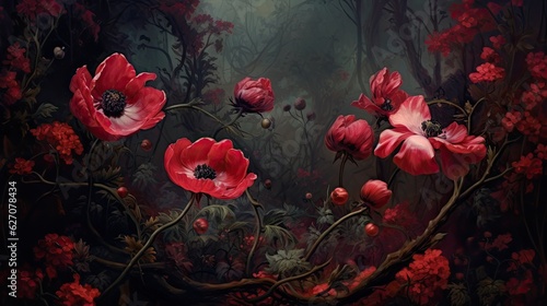 Painting of red poppy flowers in the forest on a dark background. Close-up illustration.