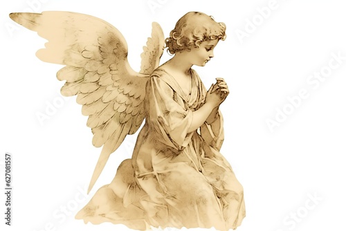 Sepia-toned statue of an angel kneeling with wings spread out behind it
