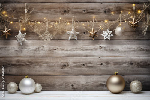 Rustic Christmas Delight: Photorealistic background with Christmas lights, pine leaves, balls, and garland on a wood-themed setting. AI Generative