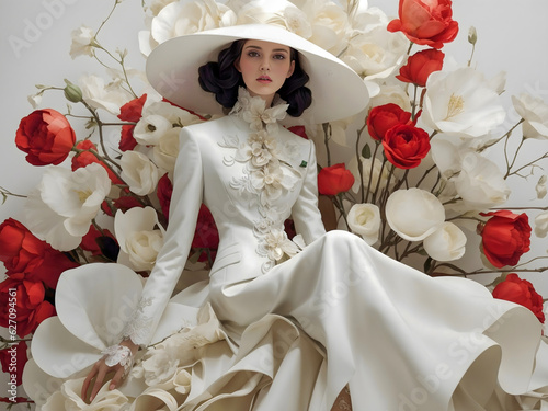 A stylish woman in a white vintage dress and wide brimmed hat poses amidst lush red and white flowers, exuding elegance and timeless beauty. For fashion, floral, or vintage themes.