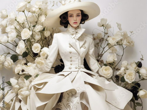 A stylish woman in a white vintage dress and wide brimmed hat poses amidst lush white flowers, exuding elegance and timeless beauty. For fashion, floral, or vintage themes.