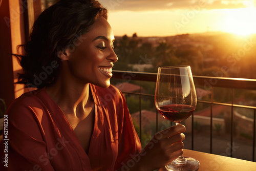 Enchanting Tuscan Sunset. A Black Woman Savors Chianti Wine Amidst the Rolling Hills. AI Generative Art