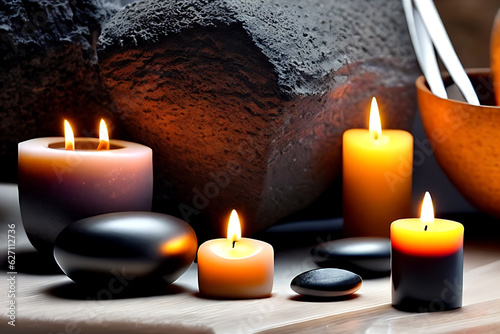 On the spa idea table, there are zen stones, orchids, and fragrant candles. Stunning spa environment. Stone therapy. candle-lit spa with black stones, flowers, and candles. Generative AI.