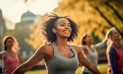 Group of multiethnic women stretching arms outdoor. Yoga class doing breathing exercise at park. Beautiful fit women doing breath exercise together with outstretched arms. 