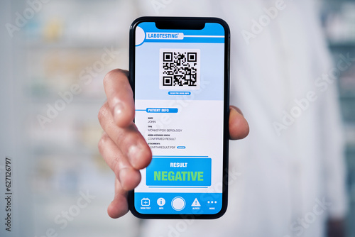 Doctor, hands and phone with QR code for diagnosis, healthcare results or screening at pharmacy. Closeup of person, pharmacist or medical expert show mobile smartphone app, monkeypox or negative test