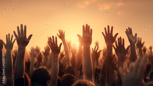 Worship God concept, International human rights day concept: Silhouette people hands rising over blurred abstract autumn sunset background, people hands rising over ,Generative AI 