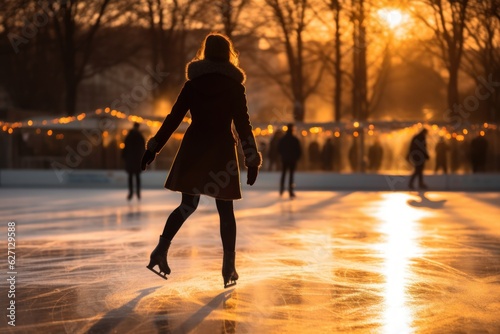a beautiful woman ice skating on ice rink in winter at sunset outside. Generative AI