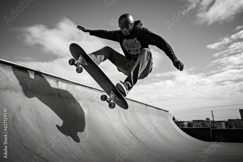 a black african american skateboarder freestyling and making tricks in a skater park outside with cool teenager underground outfit hoodie. jumping on a ramp. Generative AI