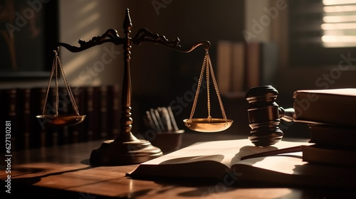 International human rights day concept: Wooden judge gavel with scales on the library, Gold brass balance scale, weight balance, imbalance scale wooden desks, Law and Justice concept: Generative AI