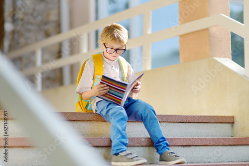 Smart little child sitting and reading on the stairs of school building. Quality education for children. Portrait of funny nerd schoolboy with big glasses. Vision problems. Back to school concept.