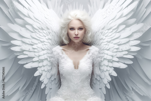 Caucasian girl angel is believed to possess supernatural powers, exuding an aura of serenity and wisdom, captured in this silver beige and white artwork by Generative AI.