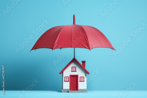 House with red umbrella on blue background, home insurance concept, Umbrella covering house miniature, Generative AI