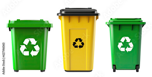 Green and yellow recycling bins isolated on transparent background
