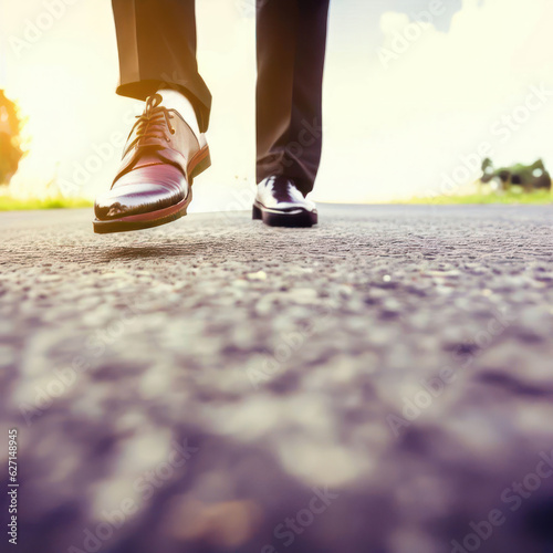 Close-up shot of a businessman's shoes walking down a long road.generative AI