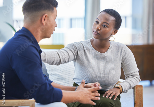 Black woman, office and console man in stress, panic or talking with mental health support in workplace. Professional, businesswoman and care for employee, coworker or management of work pressure