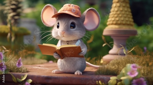 Cute Cartoon Story Book Mouse Character in a Garden Wearing a Hat. Generative AI