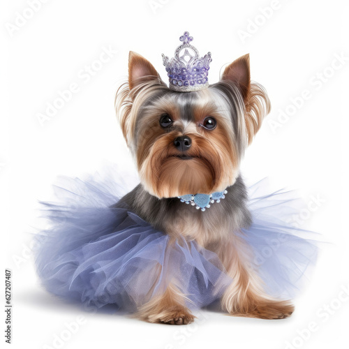 A Yorkshire Terrier (Canis lupus familiaris) in a tutu, ballet slippers, and a tiara.