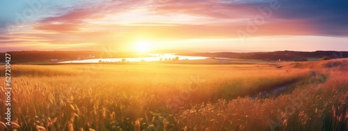 Beautiful colorful natural panoramic landscape at sunset. Field with wild grass in evening in rays of setting sun