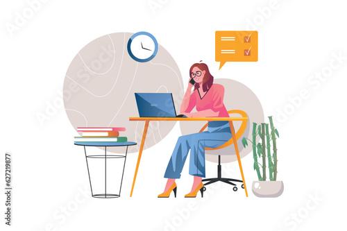 Secretary concept with people scene in the flat cartoon design. The secretary performs many organizational tasks. Vector illustration.