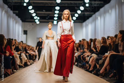 Women Walking Down The Runway In Fancy Clothes, Fashion Show, Wide Angle.