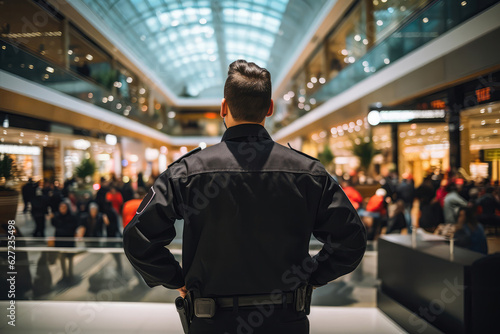 Security Guard In Black Stands With His Back To Shopping Malls