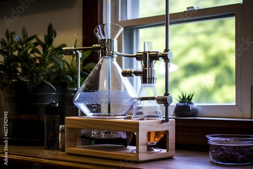 a DIY essential oil distillation setup at home, suggesting the idea of homemade natural products.