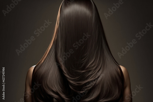 Back view of woman with long brown straight hair on dark background. Dyeing and hair care. Generative AI