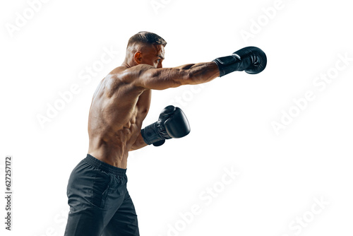 Male boxer training, fighting. Shadow fight. Silhouette of boxer preparing for big fight. Strength and motivation. Side view isolated on white