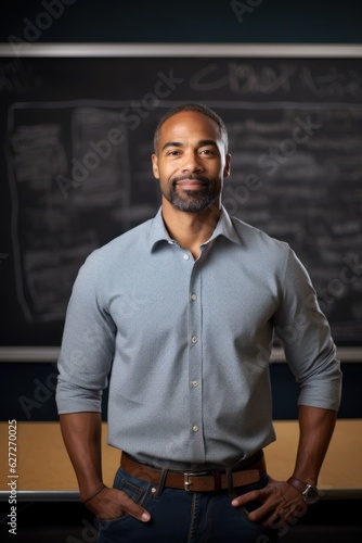 Portrait of afro-american teacher near whiteboard in classroom