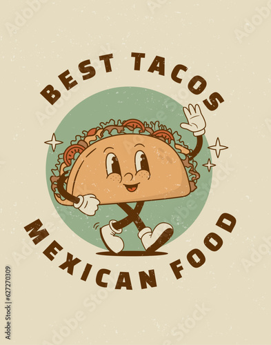Retro cartoon funny taco character poster. Vintage mexican street food mascot vector illustration. Nostalgia 60s, 70s, 80s