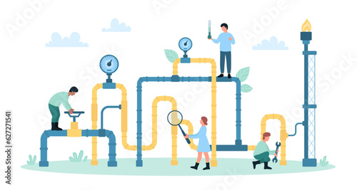 Natural liquefied gas pipeline inspection vector illustration. Cartoon tiny people control pipes system for connection and leaks, engineers of maintenance and repair service work with equipment