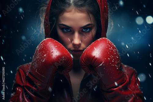 woman is wearing red boxing gloves with snow, close-up,