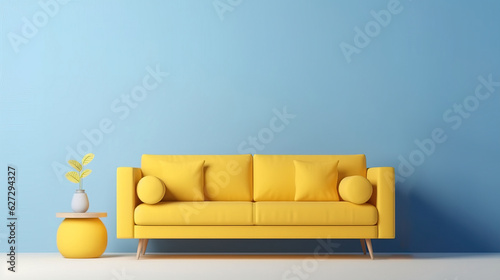 minimal design appartment, modern living-room, colourful furniture, perpendicular composition, center perspective, very detailed, photorealistic, photographic, couch