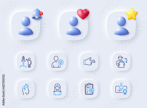 Click hand, Certificate and Brand ambassador line icons. Placeholder with 3d bell, star, heart. Pack of User idea, Launch project, Hospital nurse icon. Eye checklist, Food delivery pictogram. Vector