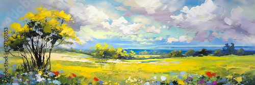 Abstract oil painting of wild flower field with beautiful sky. Generative AI.