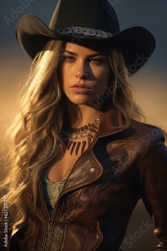 Portrait of a beautiful cowgirl with a cowboy hat and a leather jacket. Generative AI.
